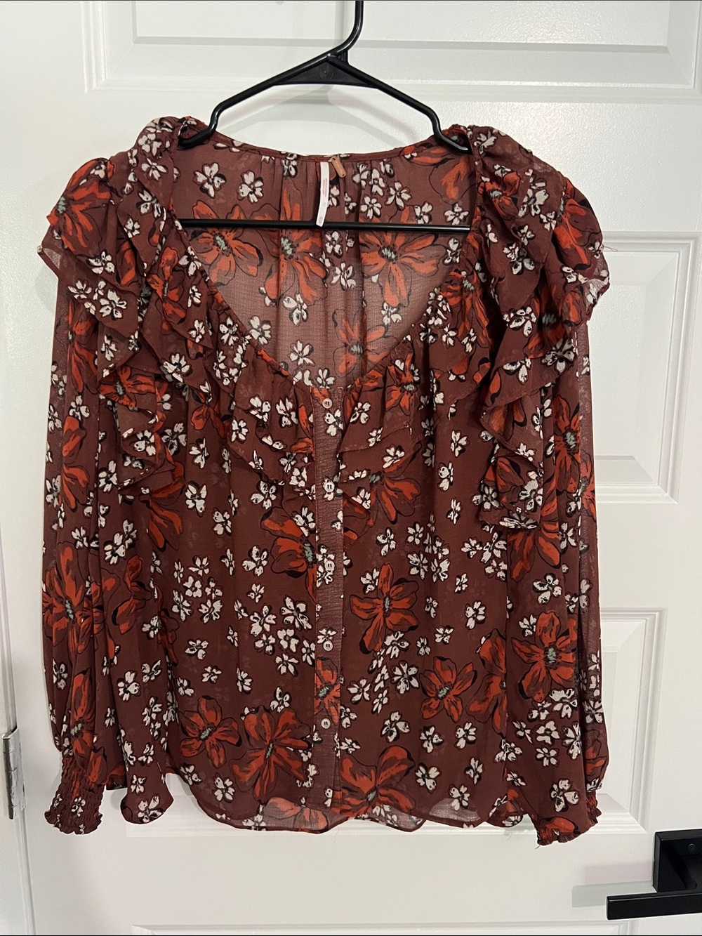 Free People Brown Floral Ruffle V-Neck Blouse with Orange Accents